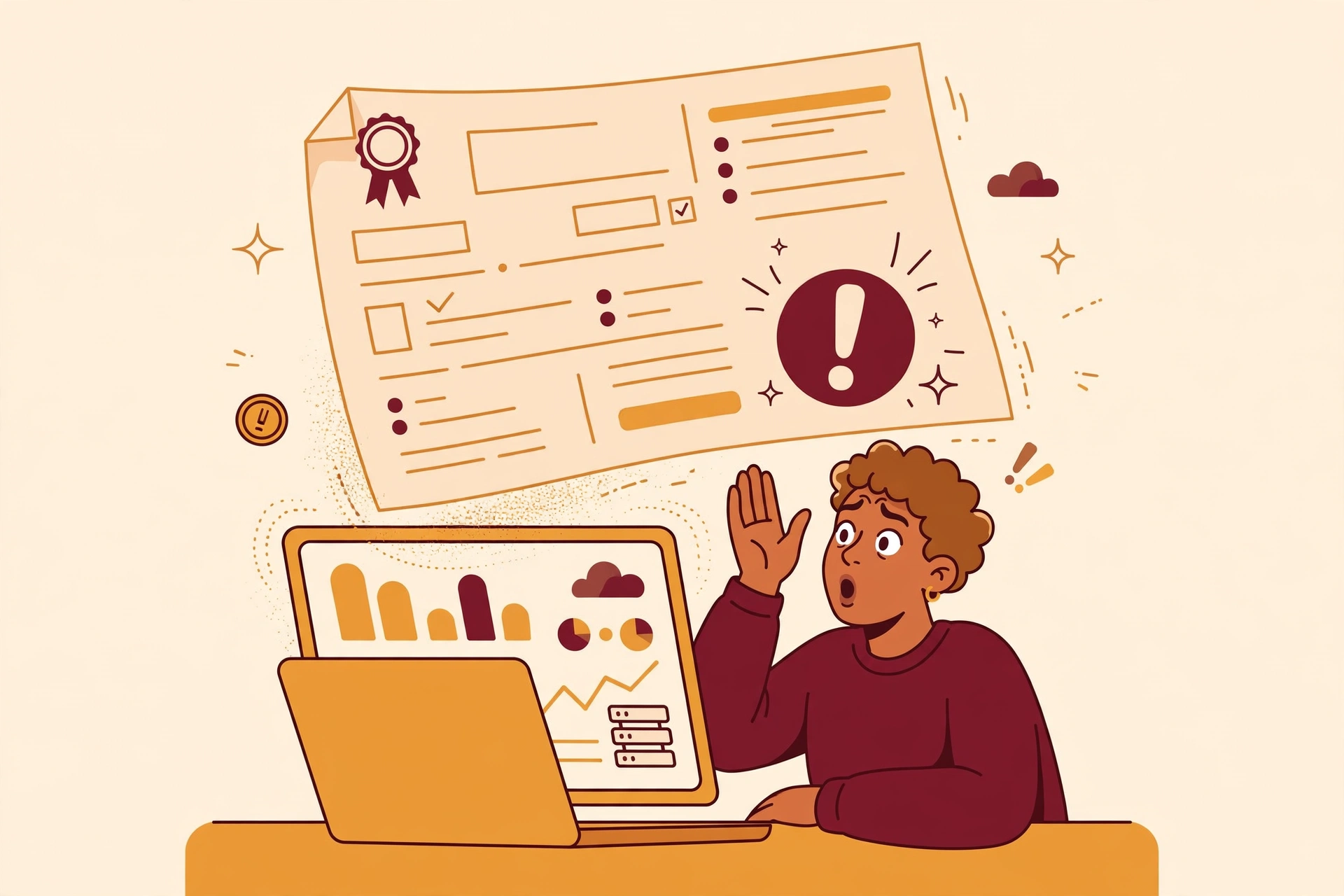 Illustration of a surprised person looking at an unexpectedly large hosting bill on a laptop